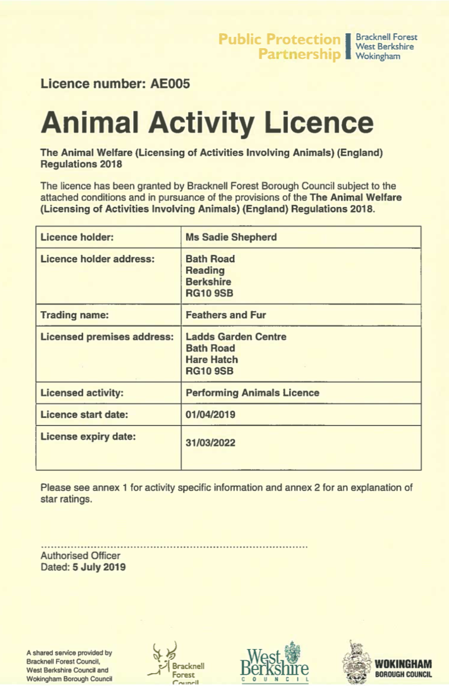 Animal Activities Licence Feathers and Fur